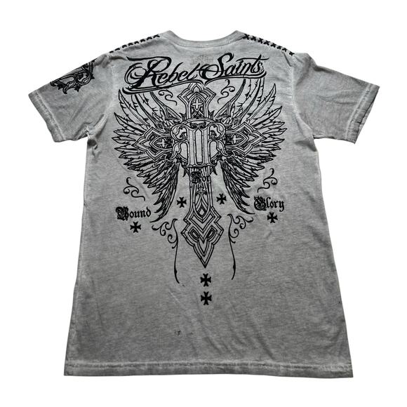 Y2K Rebel Saints Shirt Mens Medium Affliction Biker Angel Wings Skull Grunge - Picture 9 of 11